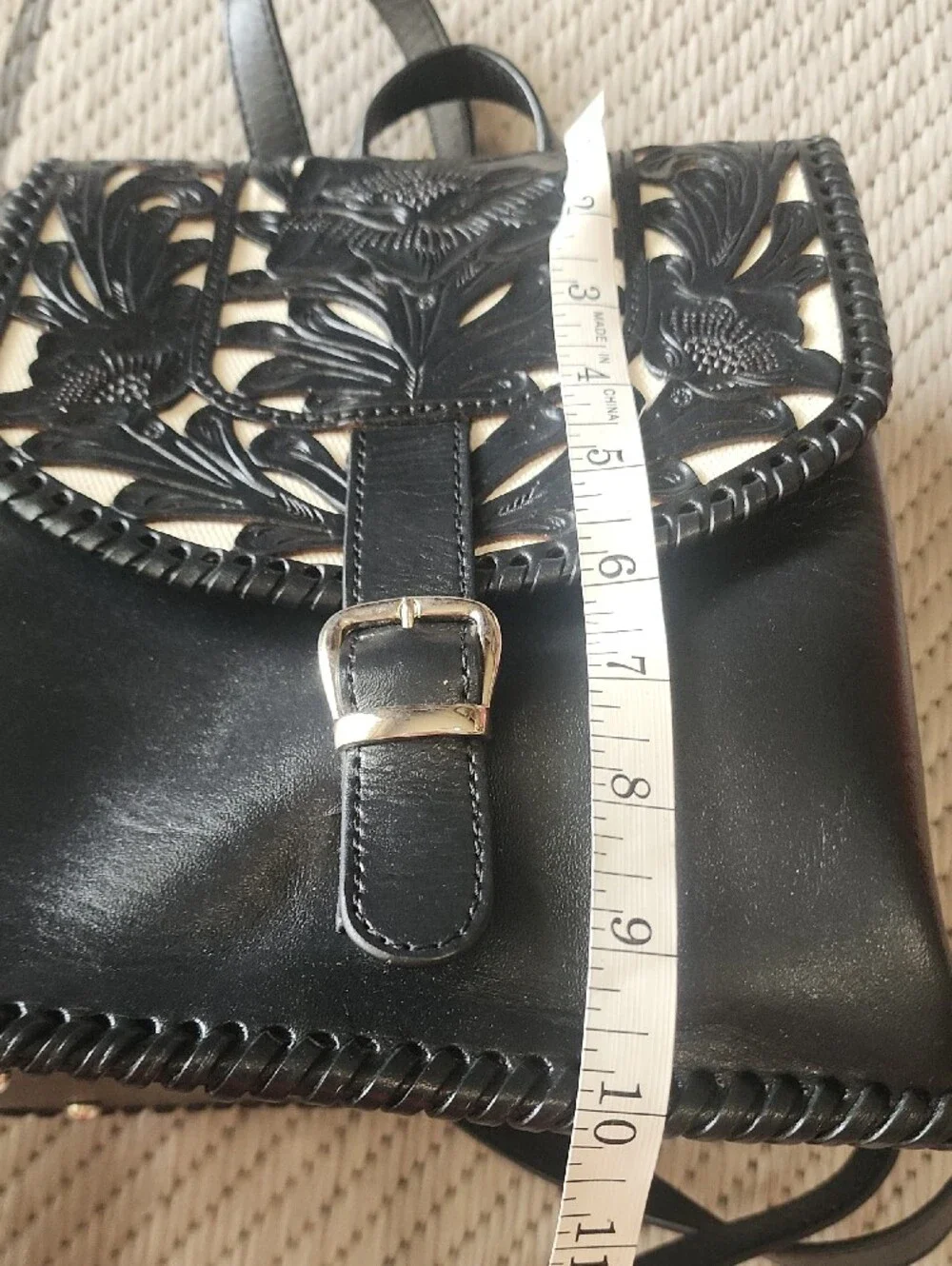 Black Leather Mini Backpack with Floral Cutout Flap